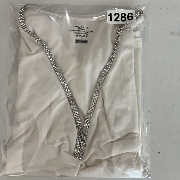 Majestic Paris Swarovski Crystals Women XS White Coquette T Shirt Clean Girl Top - Picture 15 of 15